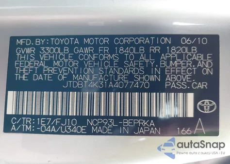 2010 Toyota Yaris из США, поврежденный, VIN JTDBT4K31A4077470